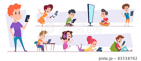 Children holding gadgets. Smart technology for distance kids learning people touching smartphone screen laptop or pc for children exact vector flat illustration 83538762