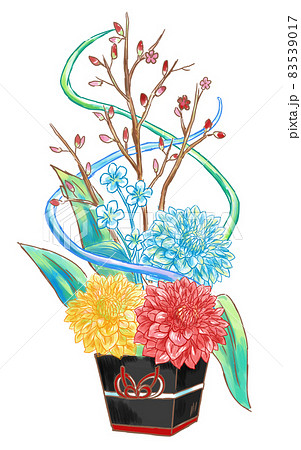 正月の金屏風の前に飾られるお祝いの菊や桜の花束のイラスト素材