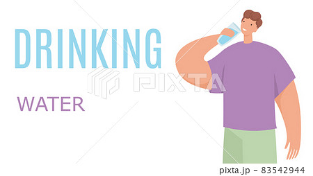 Young man drinking fresh water from bottle. Dehydrated person enjoying clean aqua, quenching thirst. Thirsty male with pure refreshing liquid. Flat vector illustration isolated on white background 83542944