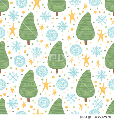 Seamless pattern with Christmas fir cones, needles and snowflakes. Repeating background with coniferous branch. Vintage winter texture with conifer twigs. Hand-drawn vector illustration for printing Seamless pattern with Christmas fir cones, needles and snowflakes. Repeating background with coniferous branch. Vintage winter texture with conifer twigs. Hand-drawn vector illustration for printing 83542976