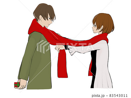 見つめあってロングマフラーとプレゼントを交換をするカップル 告白や恋愛のイメージに のイラスト素材