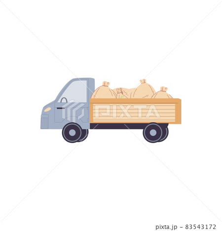 Flat cartoon truck loaded with bags,transportation and auto industry vector illustration concept Flat cartoon truck loaded with bags,transportation and auto industry vector illustration concept 83543172