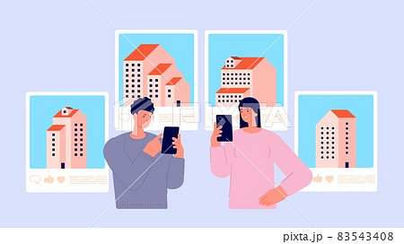 Property find concept. Couple looking house, real estate smartphone online app. Girl and boy rent apartment, young family need flat, vector illustration Property find concept. Couple looking house, real estate smartphone online app. Girl and boy rent apartment, young family need flat, vector illustration 83543408