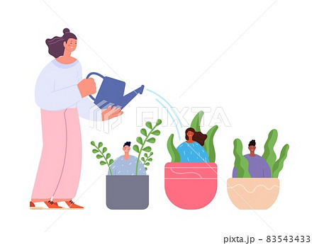 Employees growth. Mentorship concept, manager watering young team. People sit in pots with plants and boss, business group development vector scene 83543433