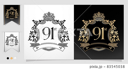 illustration of 91st anniversary symbol with royal crown design emblems, two variation gold and monochrome design isolated black and white backgrounds. applicable for greeting cards, invitation etc. 83545038