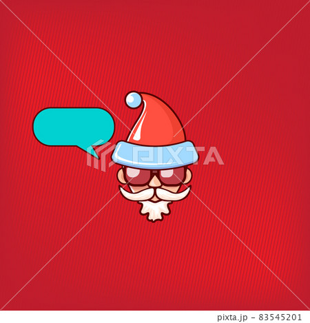 Santa Claus head with Santa red hat and hipster sunglasses and speech bubble isolated on red background. Santa Claus label or sticker design. Christmas greeting card template Santa Claus head with Santa red hat and hipster sunglasses and speech bubble isolated on red background. Santa Claus label or sticker design. Christmas greeting card template 83545201