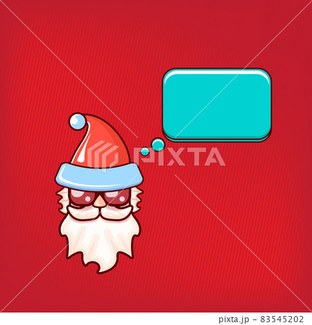 Santa Claus head with Santa red hat and hipster sunglasses and speech bubble isolated on red background. Santa Claus label or sticker design. Christmas greeting card template Santa Claus head with Santa red hat and hipster sunglasses and speech bubble isolated on red background. Santa Claus label or sticker design. Christmas greeting card template 83545202