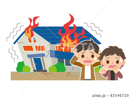 地震と燃えている家に困っている夫婦 83546720