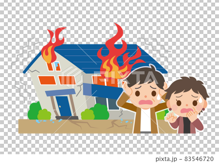 A couple in trouble with an earthquake and a burning house 83546720
