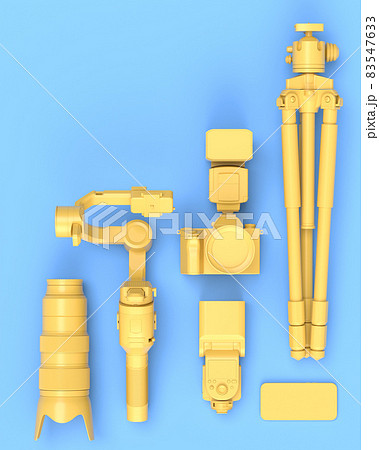 Top view of designer workspace and photography gear on blue table background Top view of designer workspace and photography gear on blue table background 83547633