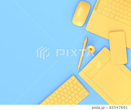 Top view of designer workspace and photography gear on blue table background 83547691