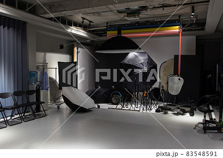 Interior of a modern photo studio. Technics and equipment Interior of a modern photo studio. Technics and equipment 83548591