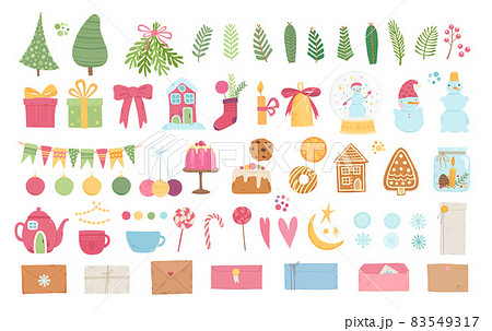 Collection of beautiful icons and decorations for Christmas tree. Set of holiday gingerbread, fir tree, ornaments, animals, Santa, snowman, gold bell. Colored vector illustration in flat cartoon style Collection of beautiful icons and decorations for Christmas tree. Set of holiday gingerbread, fir tree, ornaments, animals, Santa, snowman, gold bell. Colored vector illustration in flat cartoon style 83549317