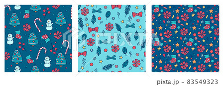 Set of Christmas snowman seamless patterns. Vector illustration for your holiday design with colorful pattern. Fir tree xmas decoration with flower, branch, bow and gift sock Set of Christmas snowman seamless patterns. Vector illustration for your holiday design with colorful pattern. Fir tree xmas decoration with flower, branch, bow and gift sock 83549323