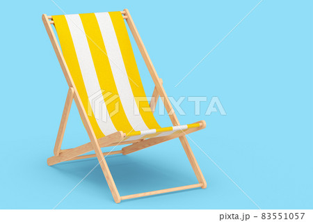 Yellow striped beach chair isolated on blue background. 3d rendering of beach and ocean vacations and summer getaways Yellow striped beach chair isolated on blue background. 3d rendering of beach and ocean vacations and summer getaways 83551057