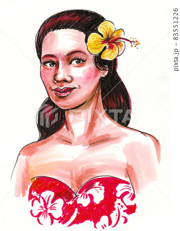 Beautiful Hawaiian woman. Ink and watercolour drawing 83551226