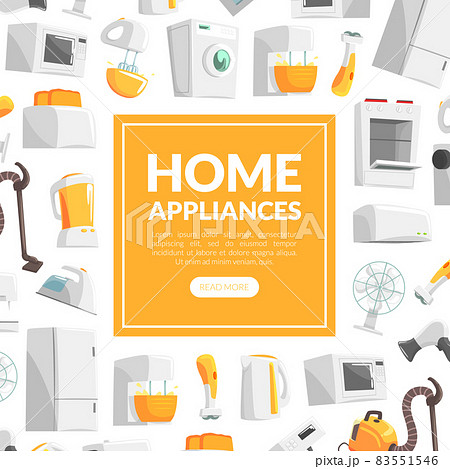 Cartoon Home Electronics and Appliance with Vacuum Cleaner and Fridge Vector Template 83551546