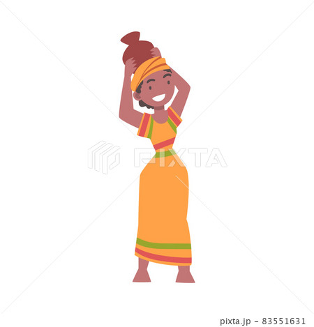 Barefoot African Aboriginal Woman Character Dressed in Traditional Tribal Clothing Carrying Vase on Her Head Vector Illustration 83551631