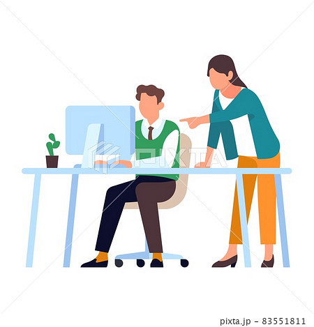 Office staff work. People brainstorming. Effective teamwork. Man sits at computer table. Woman helps and gives advice to colleague. Workers cooperation. Vector employees activities Office staff work. People brainstorming. Effective teamwork. Man sits at computer table. Woman helps and gives advice to colleague. Workers cooperation. Vector employees activities 83551811