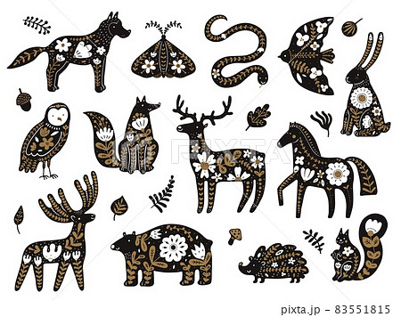 Scandinavian flowers animals. Folklore Nordic woodland elements. Fauna patterned totem templates. Black silhouettes with floral ornaments. Plant leaves. Vector forest creatures set Scandinavian flowers animals. Folklore Nordic woodland elements. Fauna patterned totem templates. Black silhouettes with floral ornaments. Plant leaves. Vector forest creatures set 83551815