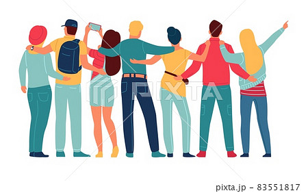 Back view friends group. Hugging people team. Standing male and female characters. Men and women company. Fun students. Cheerful persons posing for selfies. Vector friendship concept Back view friends group. Hugging people team. Standing male and female characters. Men and women company. Fun students. Cheerful persons posing for selfies. Vector friendship concept 83551817