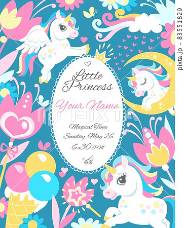 Unicorns frame. Cute children design. Fairy tales baby background. Sweet magic horses with horns and wings. Birthday card. Funny pony and flowers. Invitation design. Vector concept 83551829