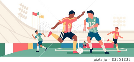 Soccer stadium players. Game with ball on football field. Struggle different teams. Sport match. Athletes competing. World cup. Sportsmen play together. Vector championship concept 83551833