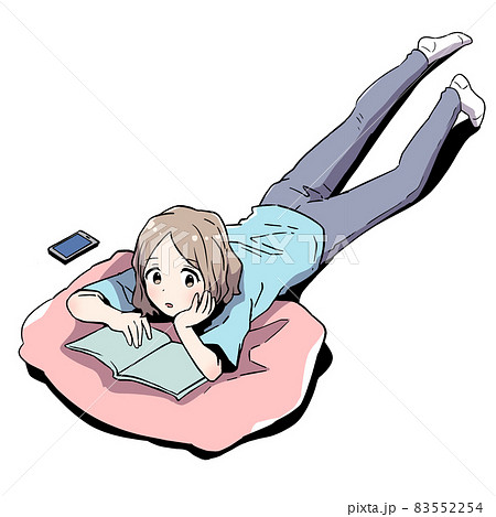 うつぶせに寝転がりながら雑誌を読む女性のイラスト うつぶせに寝転がりながら雑誌を読む女性のイラスト 83552254