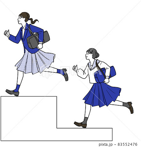 制服を着て笑顔で走る若いアジア人の可愛い女の子と階段の進学やステップアップをイメージした白バックのシ 83552476
