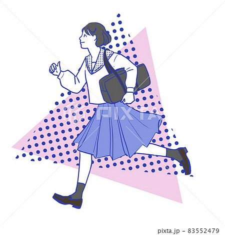 セーラー服で走る若いアジア人のボブショートヘアの可愛い女の子のエモいタッチとカラーのシンプルな線画のイラスト素材