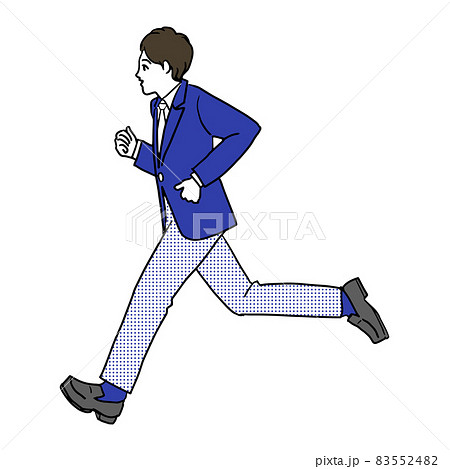 ブレザーで走る若いアジア人の男の子の白バックのシンプルな線画のイラスト素材 5524
