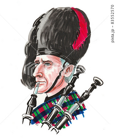 Scottish bagpiper. Ink and watercolour drawing Scottish bagpiper. Ink and watercolour drawing 83552570