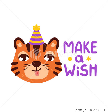 Tiger with party hat. Chinese zodiac animal. Make Wish lettering. Symbol of the new year 2022, 2034. Vector illustration isolated on white background. Portrait of ginger cat. Tiger with party hat. Chinese zodiac animal. Make Wish lettering. Symbol of the new year 2022, 2034. Vector illustration isolated on white background. Portrait of ginger cat. 83552691