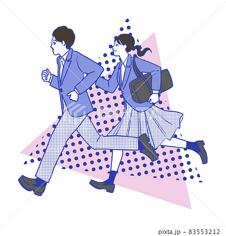 ブレザーで走る若いアジア人のロングヘアの可愛い女の子と男の子の白バックのシンプルな線画のイラスト素材