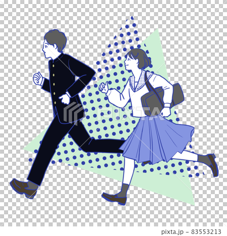 A simple line drawing of a young Asian bob short-haired pretty girl and boy running in a sailor suit on a white background 83553213