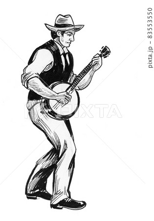 Country musician playing banjo. Ink black and white drawing 83553550