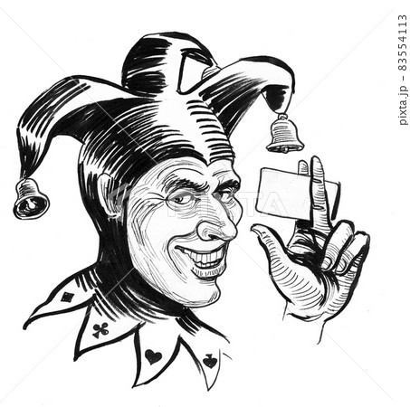 Jester character with a playing card. Ink black and white drawing Jester character with a playing card. Ink black and white drawing 83554113