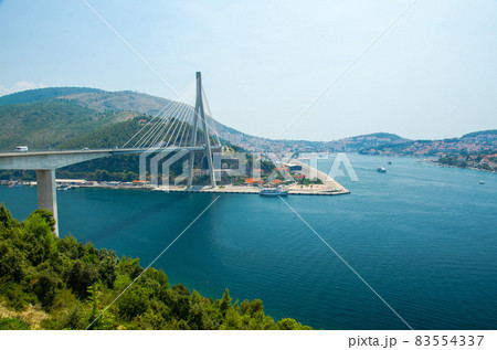 Franjo Tudjman bridge and blue lagoon, Dubrovnik, Dalmatia, Croatia 83554337