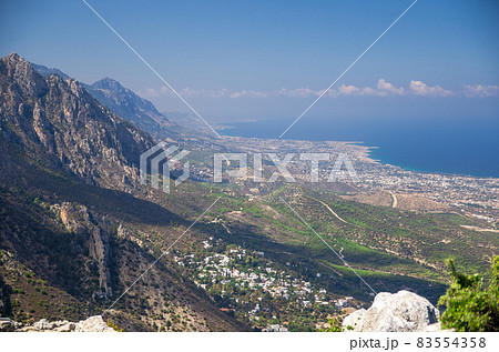 Kyrenia Girne mountains and town from medieval castle, Northern Cyprus 83554358