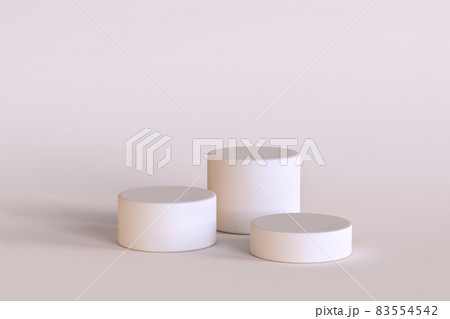 3d render of three white podiums. Minimalistic scene for cosmetics or product presentation template. Different pedestals or platforms with bokeh lights for premium and luxury advertising. Blank space 83554542