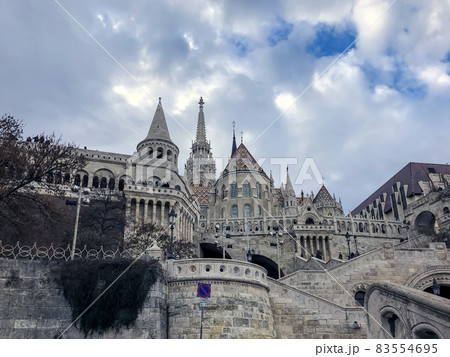 Towers and steps on Buda hill in Budapest. Fishing bastion Towers and steps on Buda hill in Budapest. Fishing bastion 83554695