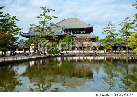 東大寺大仏殿と鏡池に映える景観 東大寺大仏殿と鏡池に映える景観 83554847