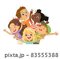 Group of multicultural happy children smile and wave their hands. Funny cartoon character. Vector illustration. Isolated on white background. 83555388