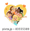 Group of multicultural children tear up the space in the shape of a heart. Children look through a hole in the shape of a heart and wave their hands. Funny cartoon character. Vector illustration 83555389