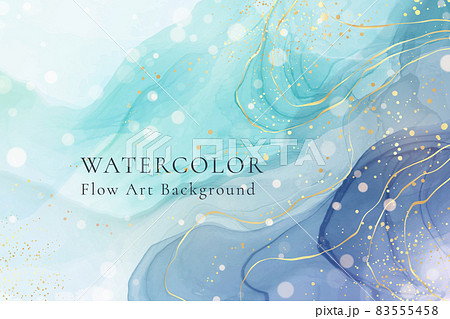 Violet cyan blue liquid watercolor background with golden stains. Teal mauve grey marble alcohol ink drawing effect. Vector illustration design template for wedding invitation, menu, rsvp 83555458