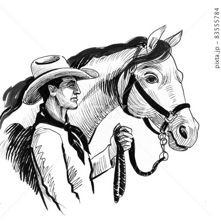 Cowboy with his horse. Ink black and white drawing Cowboy with his horse. Ink black and white drawing 83555784