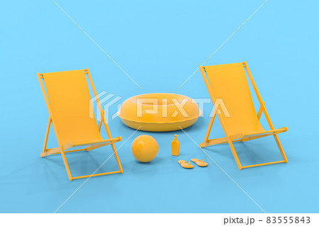 Beach chair with inflatable ring and beach ball on monochrome blue background. 3D render of summer vacation concept Beach chair with inflatable ring and beach ball on monochrome blue background. 3D render of summer vacation concept 83555843
