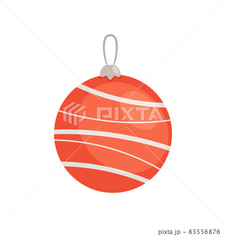 Christmas Tree Decoration, Xmas Bauble, Red Toy with Stripes and Loop for Hanging Isolated on White Background 83556876
