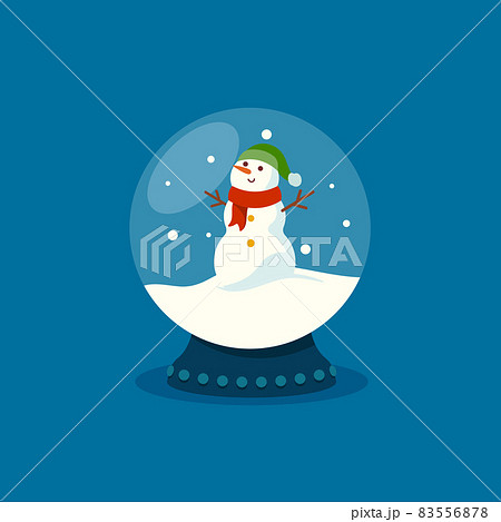 Glass Snow Globe with Funny Snowman and Snow Falling Inside, Christmas Souvenir Isolated on Blue Background 83556878