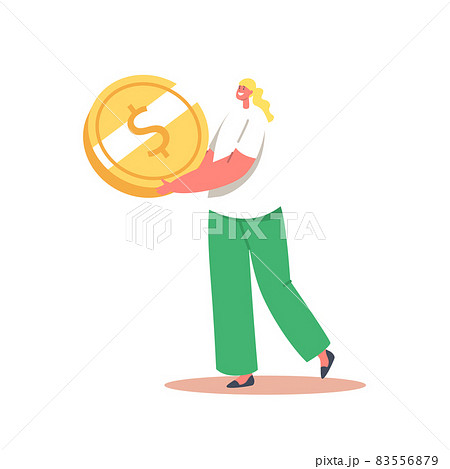 Wealth and Prosperity Concept. Tiny Businesswoman with Huge Gold Coin. Business Growth, Investment, Investor with Money 83556879